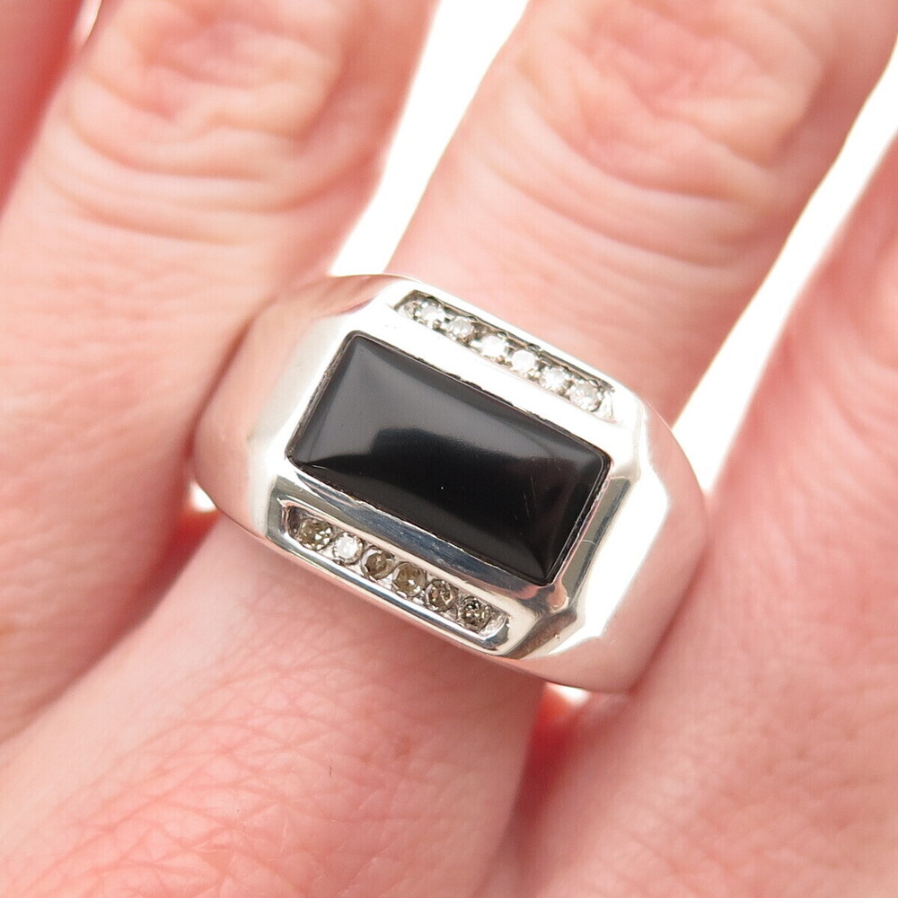 Sai 925 Sterling Silver Real 1/8TW Round-Cut Diamond & Black Onyx Ring Size 9.25